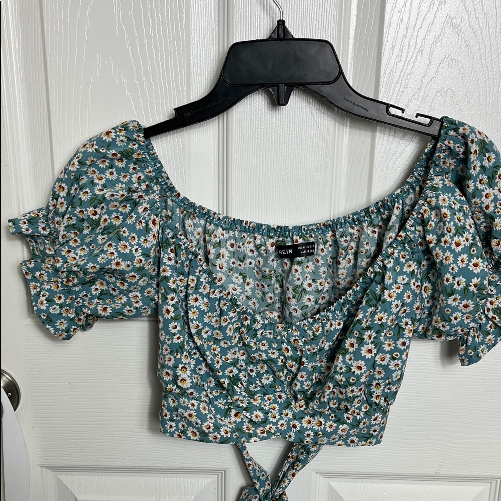 SHEIN Teal Floral Puff Sleeve Blouse